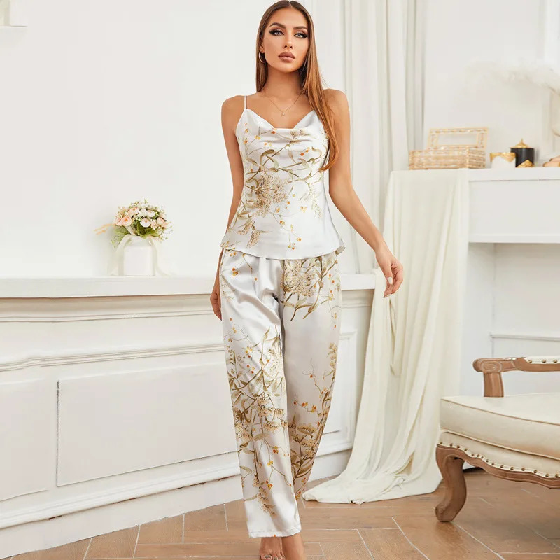 Sexy Pyjamas Women Pajamas Sexy Print Cherry Suspender Pijamas Suit Sleepwear Spring Summer Silk Rayon Home Clothes Sling Pants Two Piece Set 231130