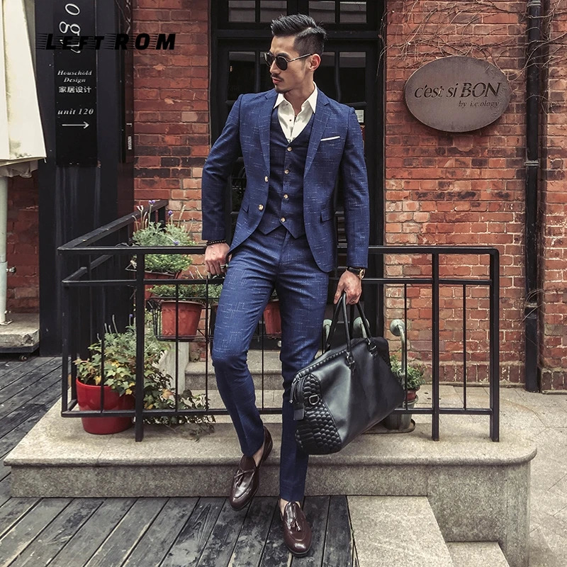 Men's Suits Blazers Jackets Vests Pants Highend Fashion Check Mens Business Casual Suit 3 Pcs Set Groom Wedding Dress Tuxedo Male Slim 231129