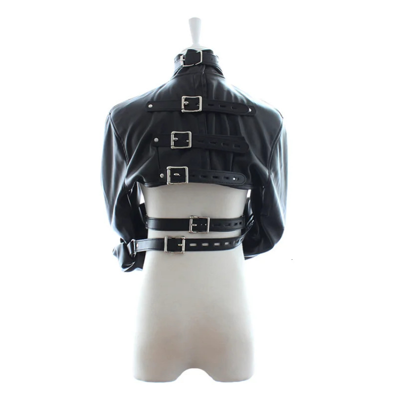 Sexy Set Red/Black Female BDSM Bondage Open Breast PU Leather Straitjacket Restraint Jacket Long Sleeves Play Flirting Women 231130