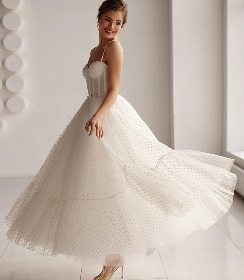 New Short Wedding Dress 2024 A Line Sweetheart Spaghetti Straps Dot Tulle Bridal Gown Lace Up Back Ankle Length Custom Made Vestidos De Noiva