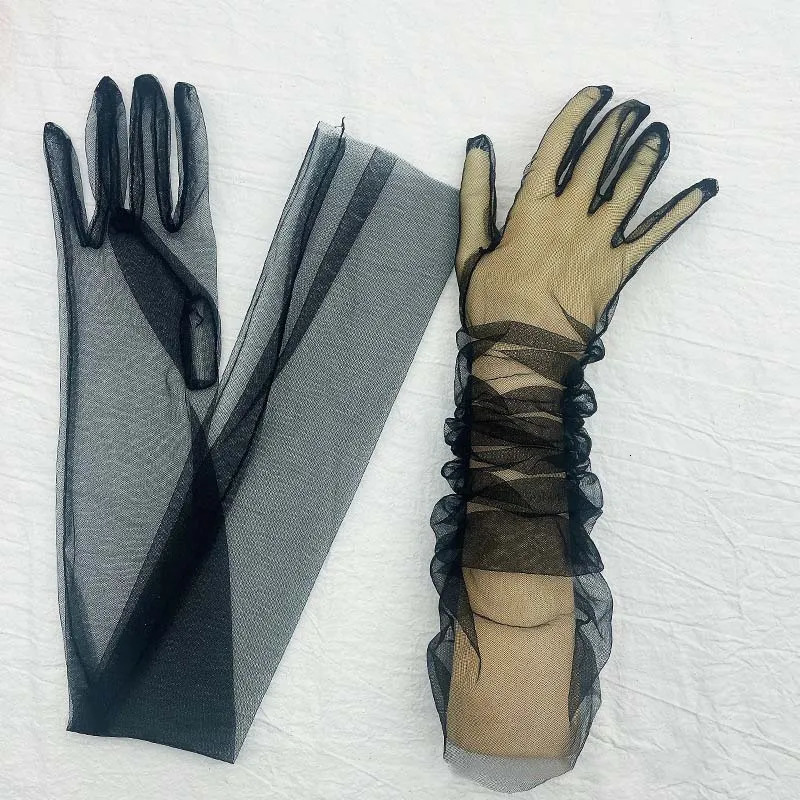 Five Fingers Gloves Transparent Sunscreen Glove Retro Mitten Touch Screen Women Ultra Thin Tulle Elbow Long Wedding Bride Dress 231130