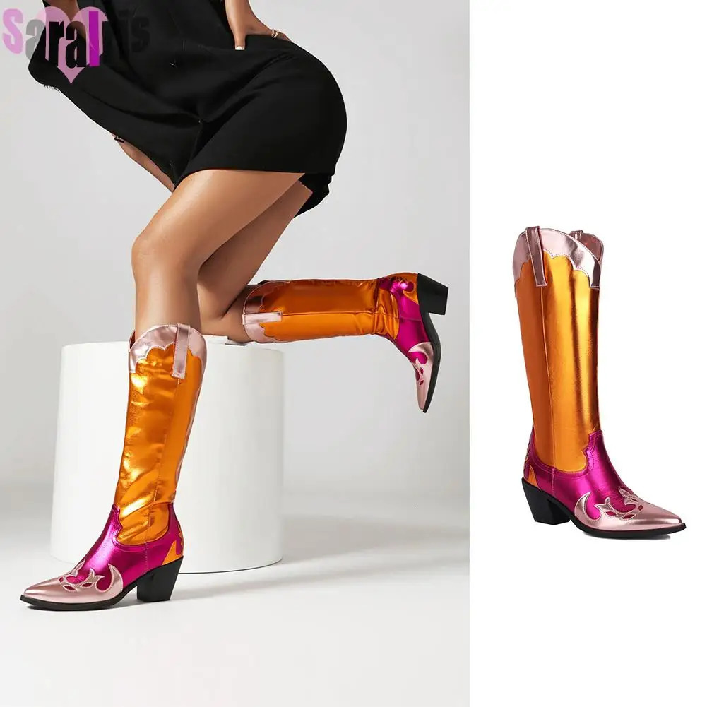 Boots Fashion Women Cowboy For Chunky Heels Metal Colorful Cowgirl Western Mid Calf Woman Vintage Shoes Plus Size 231130