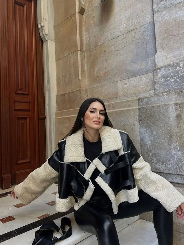 Women s Jackets Fur Leather Teddy Crop Quilted Patchwork Jacket Lapel Women Long Sleeve Short Coat Female Fashion Streetwear 231130