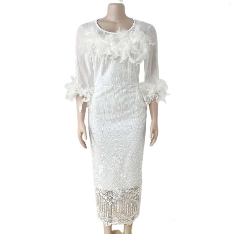 Casual Dresses African Ladies Luxury White For Women Round Neck Full Sleeve Sequined Feather Bodycon Mid Calf Elegant Birthday Dress