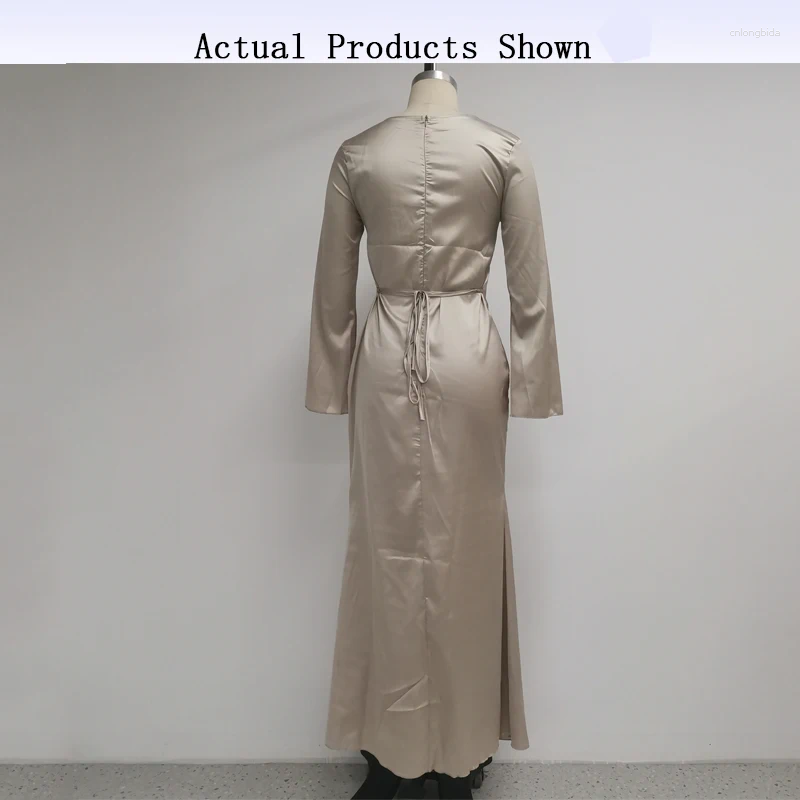 Casual Dresses Ellafads Women Long Dress Autumn Fashion Simple Round Neck Satin Flare Sleeve Lace Up Slim Evening Party Streetwear