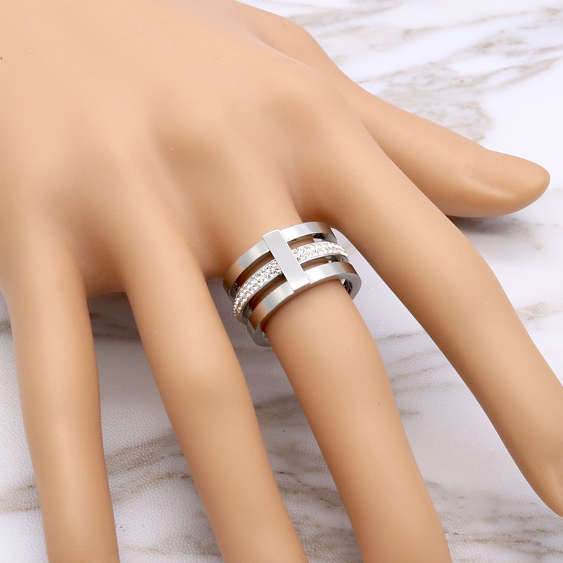 Classic Design 3 Layered Cubic Zirconia Stainless Steel Ring Statement Wedding Jewelry