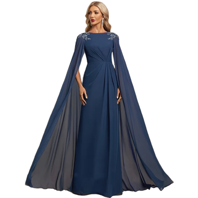 Elegant Navy Chiffon Mother Of The Bride Dresses Cape Sleeves Lace Appliques Long Wedding Guest Dress 2024 Women Prom Evening Gowns Plus Size Party Ve