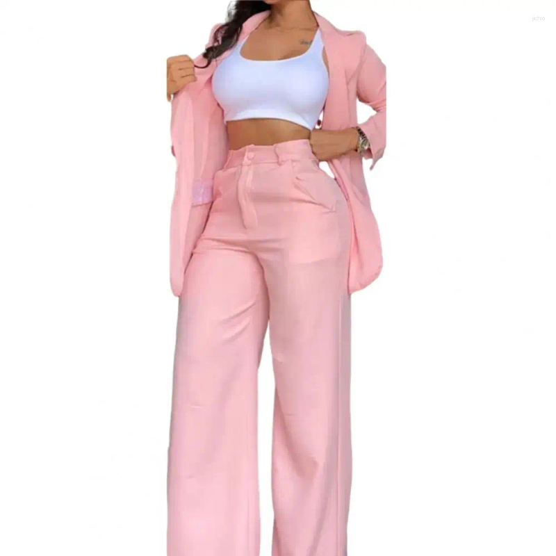 Womens Two Piece Pants Women Suit Stylish Coat Single-breasted Jacket Wide Leg Fashionable Commute Set For Ladies Formal
