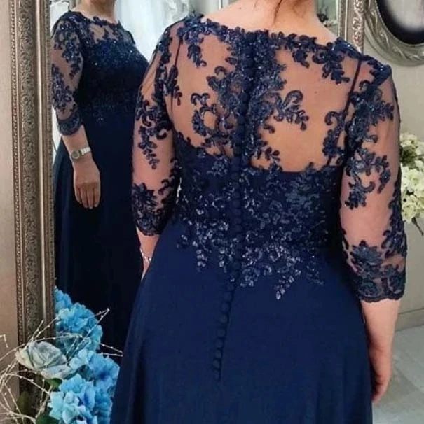 Dark Navy Plus Size Mother Of The Bride Dresses Lace Appliques A Line Chiffon Wedding Guest Dress With 3/4 Long Sleeves Groom Mom Formal Evening Gown 