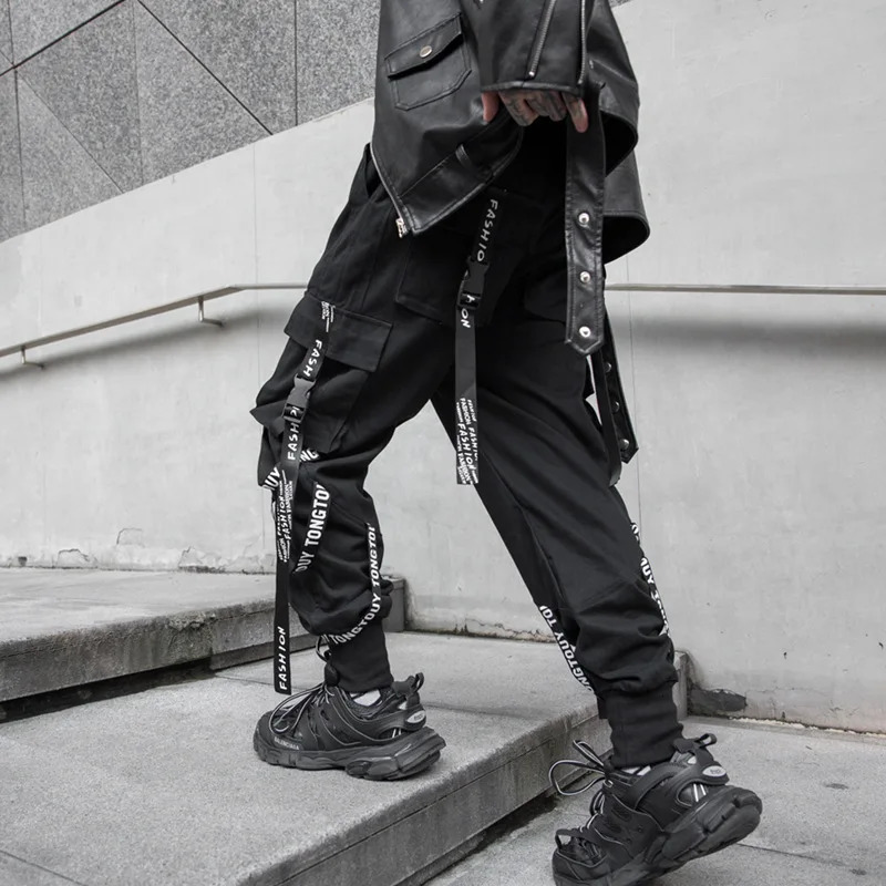 Men's Pants HOUZHOU Black Cargo Pants Men Joggers Cargo Trousers for Men Jogging Japanese Streetwear Hip Hop Hippie Techwear Gothic Ribbon 231129