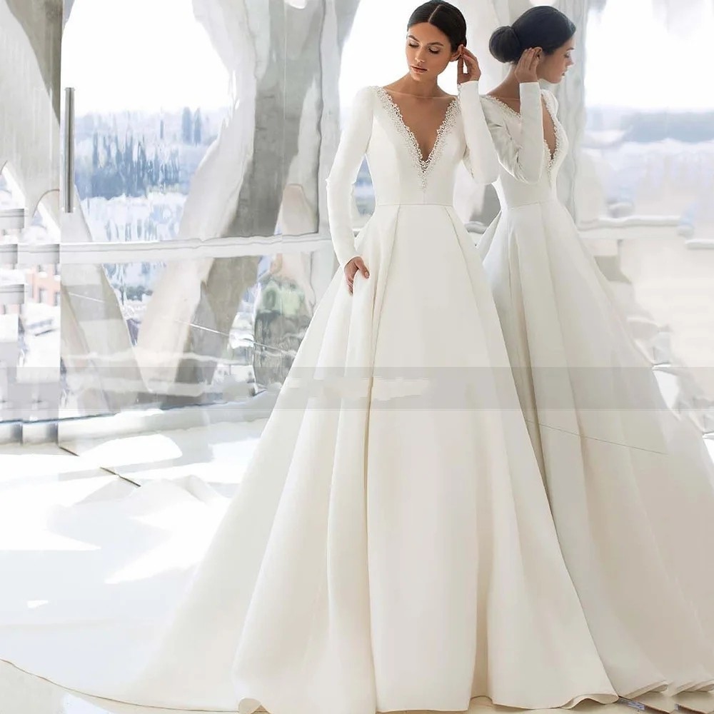 Elegant Satin Wedding Dress Long Sleeve Princess Bride Dresses Beads Pearls V Back Court Train Wedding Gowns Church Vestido De Noiva