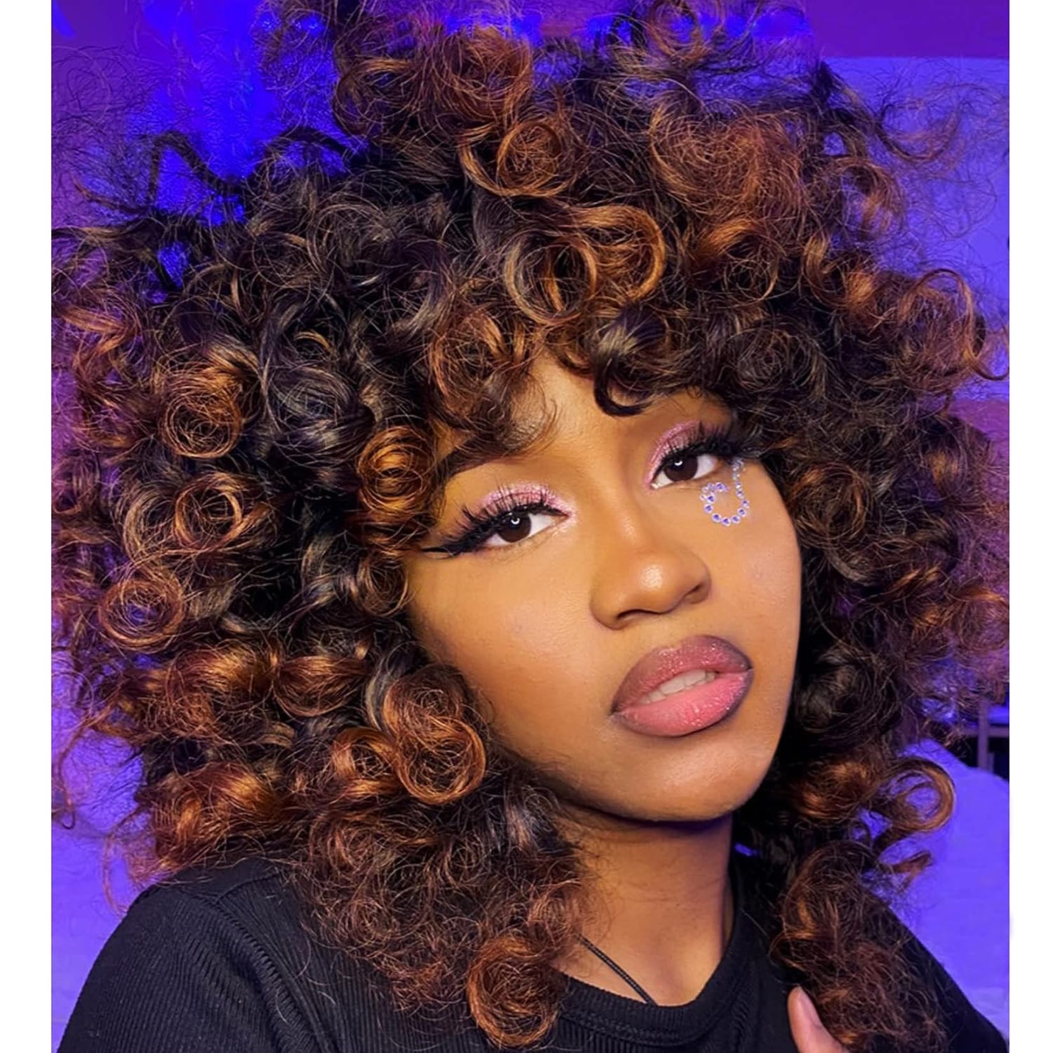 Ombre Bouncy Curly Wigs for Black Women lace front Brown Short funmi curl colored with Bangs Soft Afro Kinky Curly human Wig for African American Wome