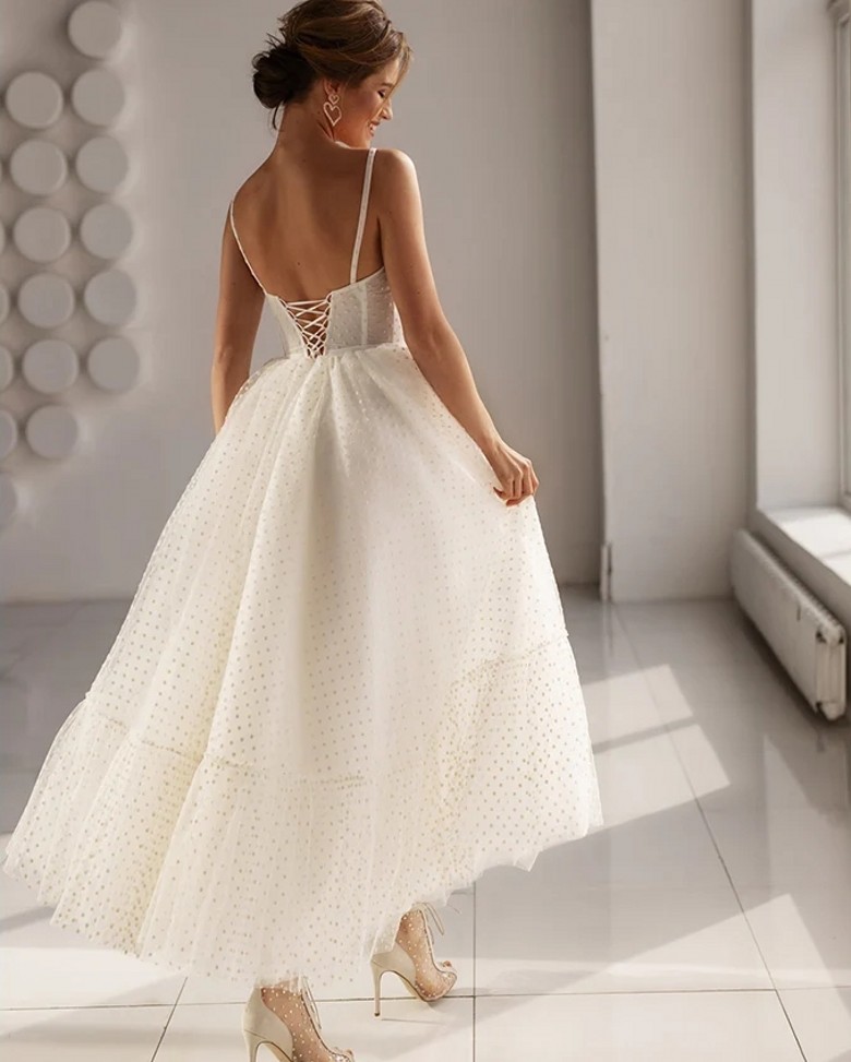 New Short Wedding Dress 2024 A Line Sweetheart Spaghetti Straps Dot Tulle Bridal Gown Lace Up Back Ankle Length Custom Made Vestidos De Noiva