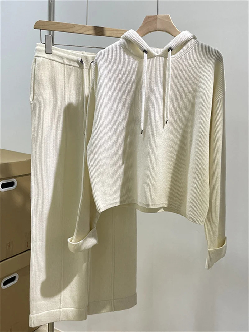 Womens Two Piece Pants 100% cashmere womens hoodie with long sleeves or elastic waist floral straight pants autumn knitted set 231129