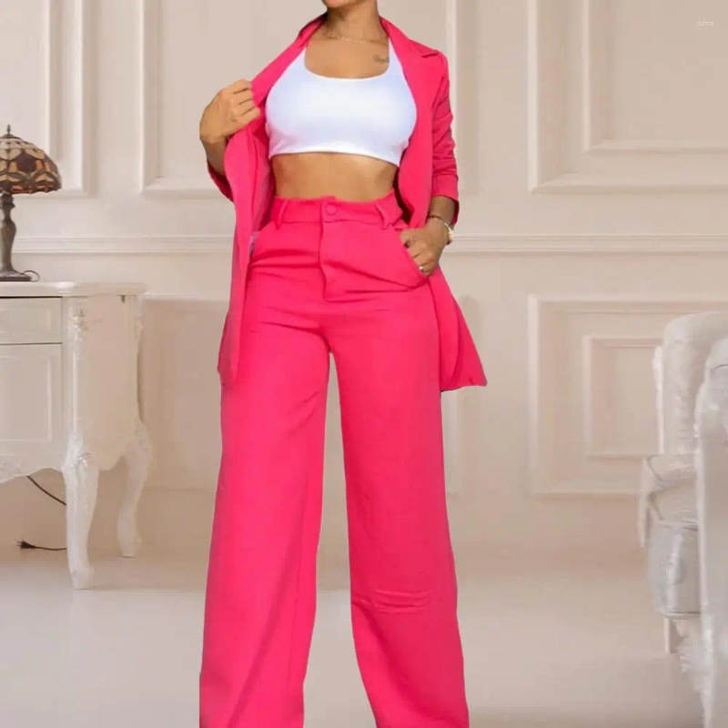 Womens Two Piece Pants Women Suit Stylish Coat Single-breasted Jacket Wide Leg Fashionable Commute Set For Ladies Formal