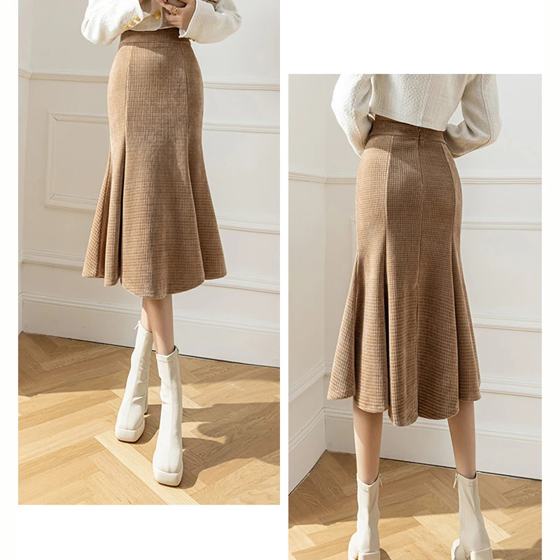 Skirts Fashion Streetwear Winter Midi Skirt Women Elegant High Waist Tweed Chenille Fishtail Bodycon Skirts Korean Wrap Pencil Faldas 231129