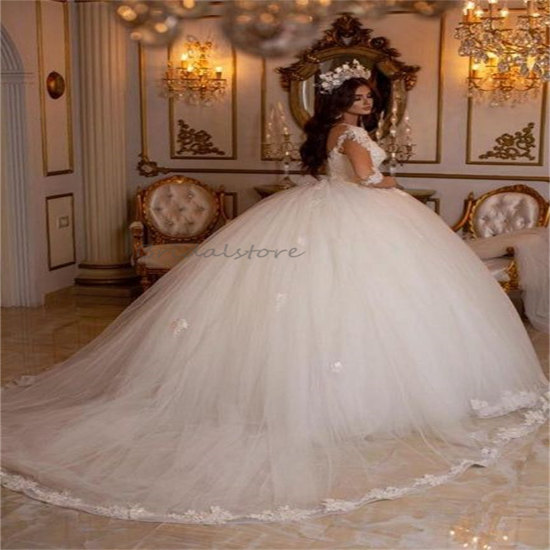 Laceful Princess Queen Wedding Dress Sheer Neck Ball Gown Fluffy Tulle Lace Church Bridal Dress Elegant Saudi Arabic Country Bride Dress With Sleeves 