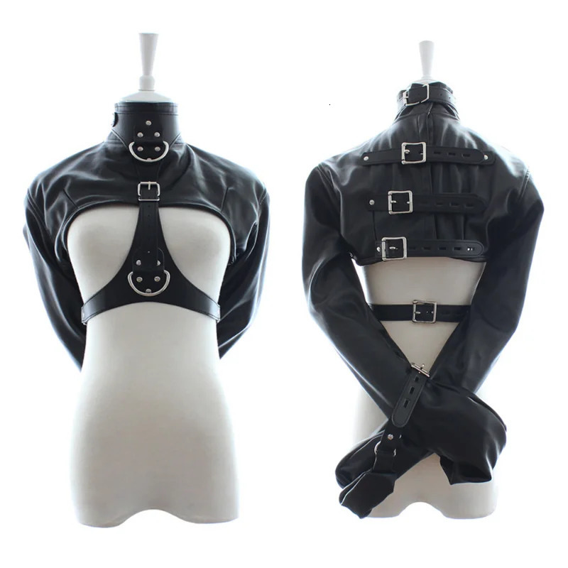 Sexy Set Red/Black Female BDSM Bondage Open Breast PU Leather Straitjacket Restraint Jacket Long Sleeves Play Flirting Women 231130