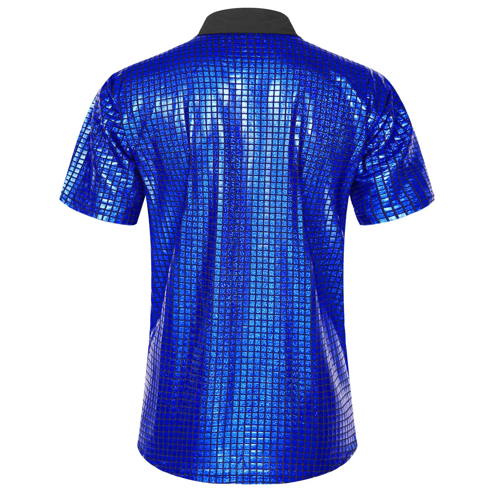 Men's Casual Shirts Mens 70s Disco Metallic Shiny Plaid Print Shirt Short Sleeve Button Down Shirts Nightclub Party Tops Stage Performance Costum