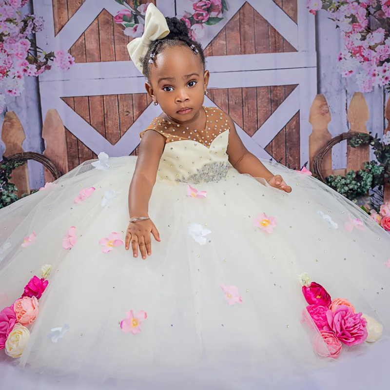 R&W White Tulle wer Girl Dresses Tiered Pearls Rehinetones Crystals Beaded Princess Queen Ball Gowns Girls' Dress For Wedding First Birthday Part