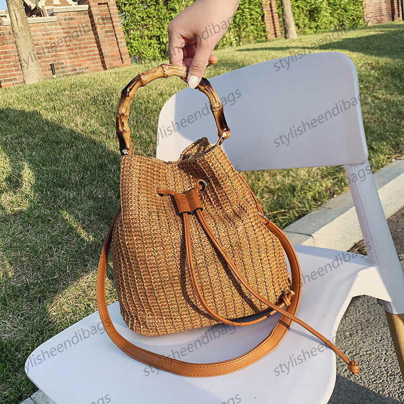 stylisheendibags Shoulder Bags Fashion Straw Bucket Bag Women Handbag Bohemian Bamboo Handle Beach Bag Bali Travel Big Drawstring Shoulder Crossbody B