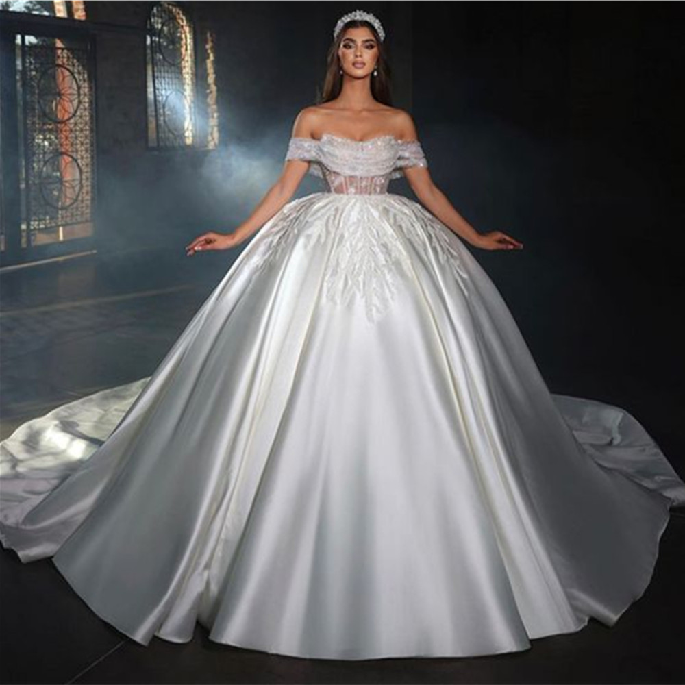 Arabic Aso Ebi A-Line Wedding Dresses Sheer Sleeves Off The Shoulder Arabic Applique Train Bridal Wedding Gowns 3D-Floral Appliques