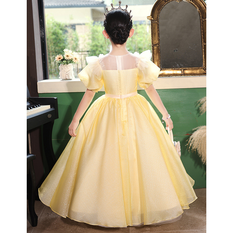 yellow sequined Flower Girls Dresses For Weddings Ruffles Lace Tulle Pearls Backless Princess Children Wed Birthday for Kid Child prom Ball Gown Even 