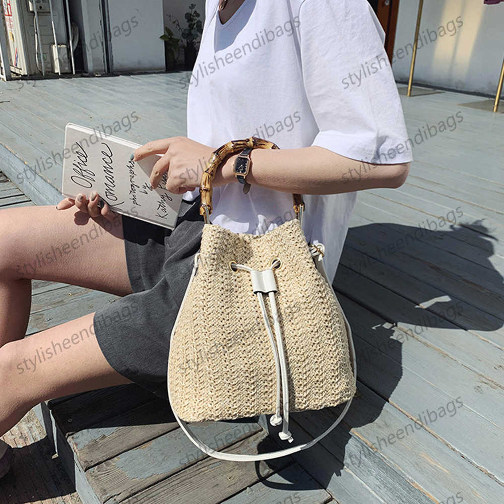 stylisheendibags Shoulder Bags Fashion Straw Bucket Bag Women Handbag Bohemian Bamboo Handle Beach Bag Bali Travel Big Drawstring Shoulder Crossbody B