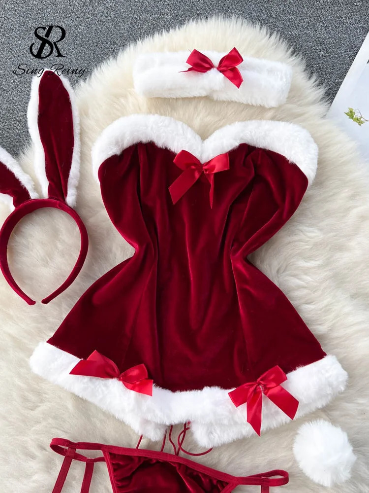 Sexy Set SINGREINY Cosplay Rabbit Maid Nightwear Halter Splice Fur Bow Lingerie Combination Christmas Erotic Porno Underwear Sets 231129