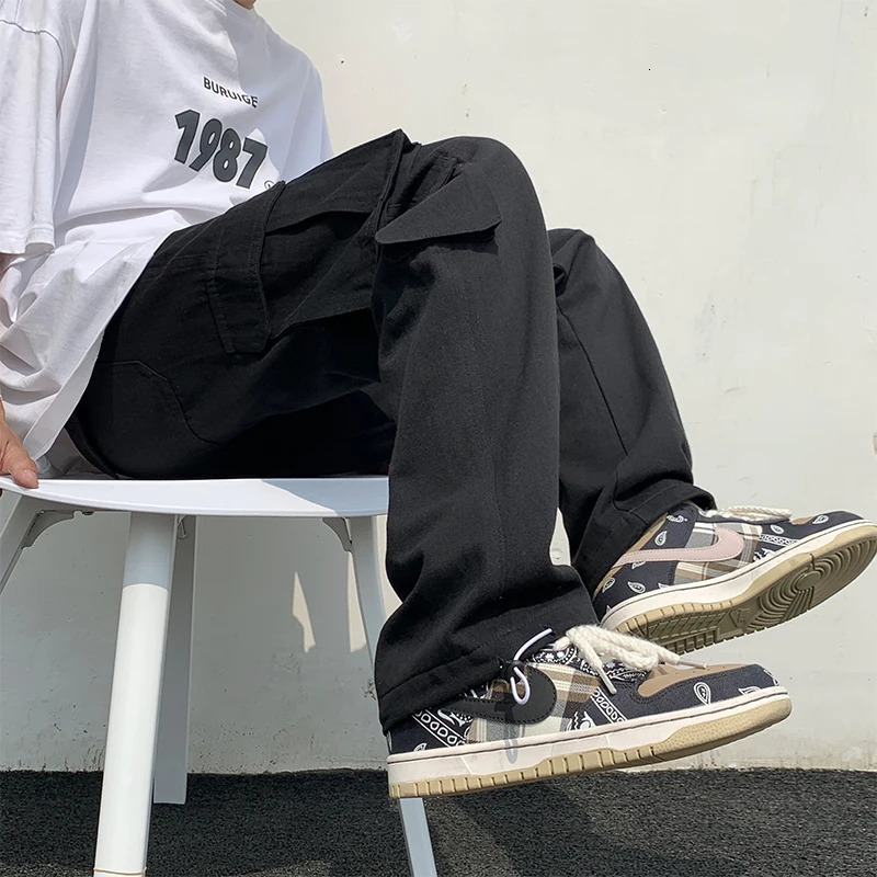 Men's Black & White Wide Leg Cargo Pants - Loose Fit, Cotton Blend, Casual Streetwear