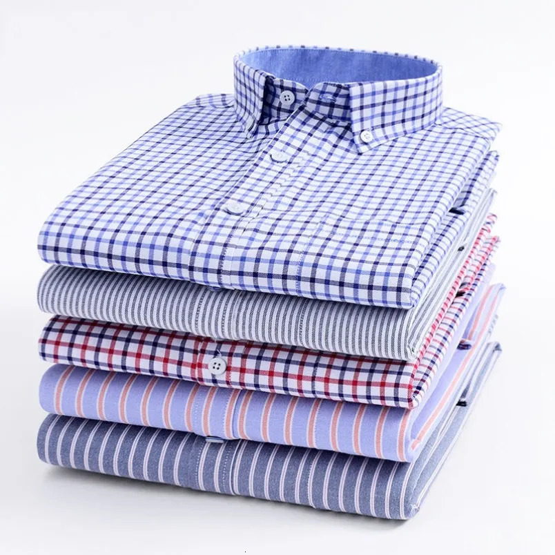 Men's Casual Shirts High Quality Mens Cotton Oxford Striped Single Patch Pocket Long Sleeve Regular-fit Comfortable Casual Button-collar Shirt 23