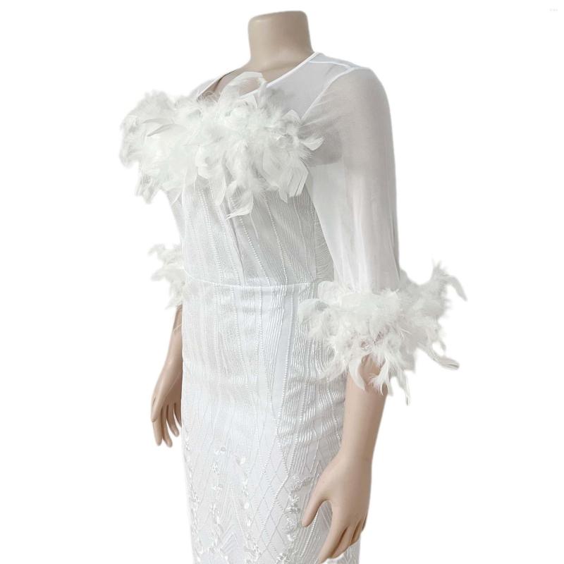 Casual Dresses African Ladies Luxury White For Women Round Neck Full Sleeve Sequined Feather Bodycon Mid Calf Elegant Birthday Dress