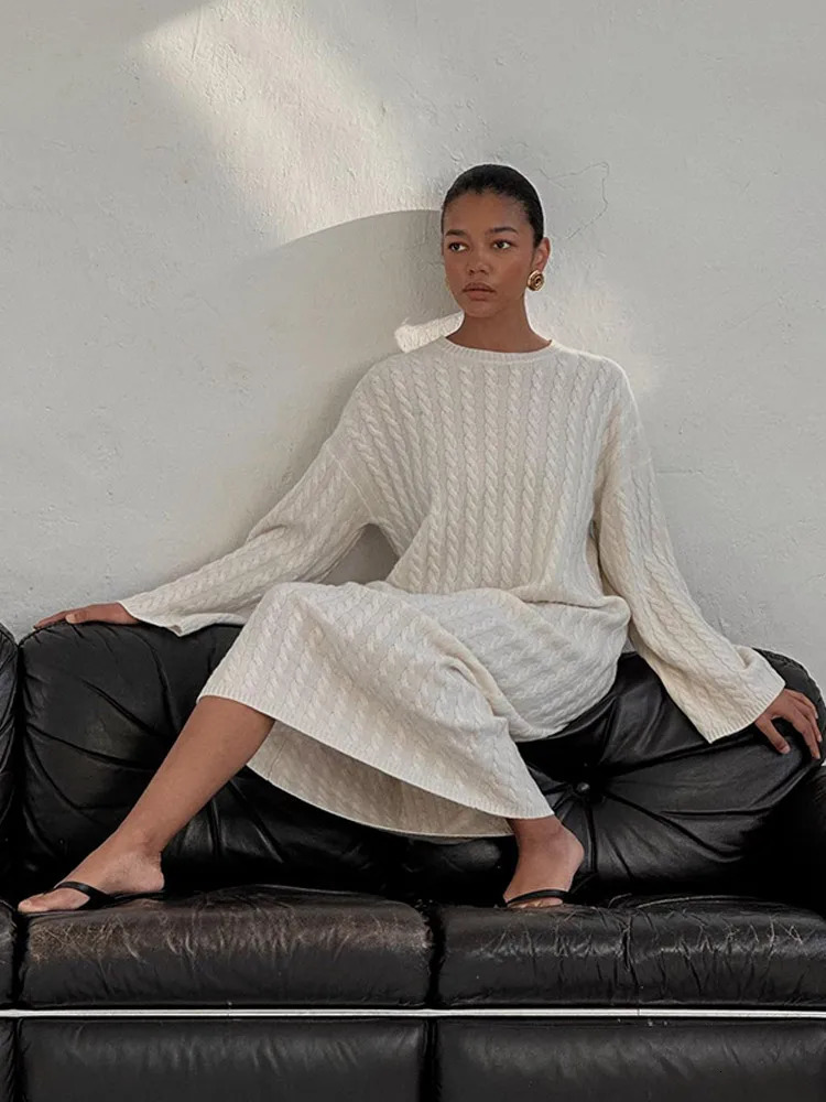 Basic Casual Dresses Solid Women Ribbed Knitted Midi Dress Casual Loose O-neck Long Sleeve Lady Dresses Autumn Female Chic Streetwear Robe 231129
