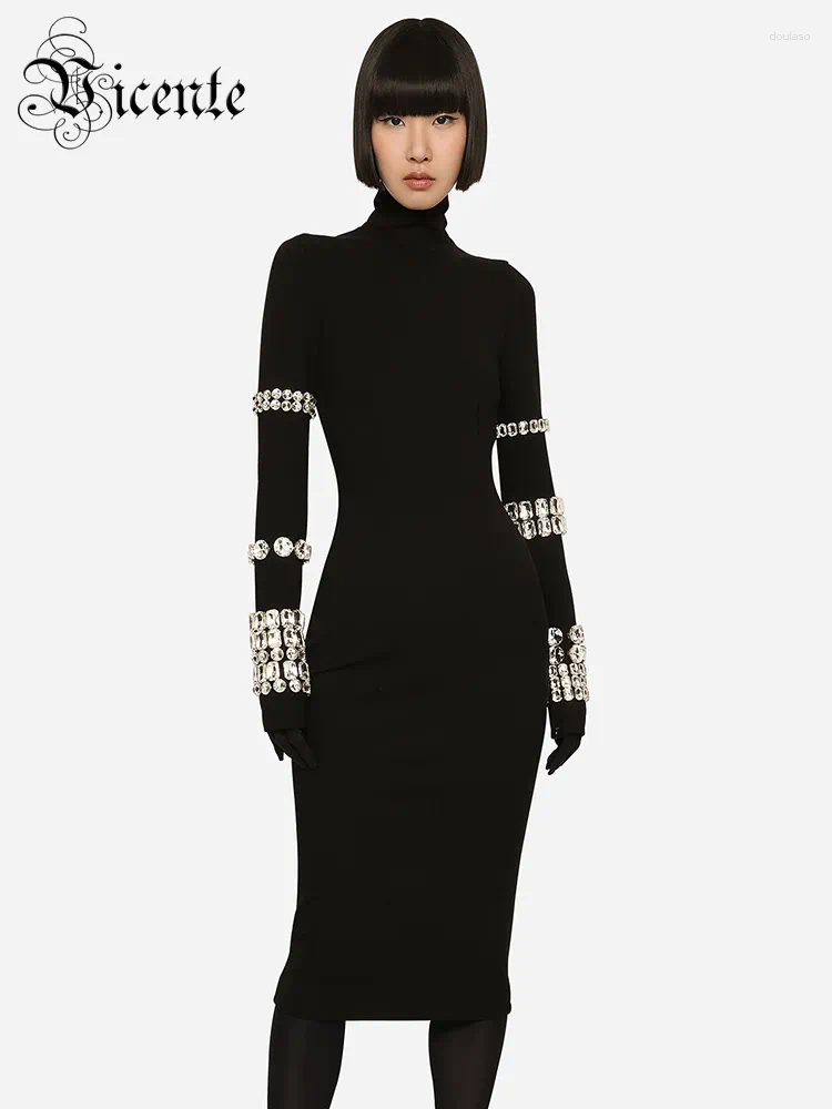 Casual Dresses VC Luxury Party For Women Long Sleeve Gloves With Crystal Bandage Black Midi Dress Evening Gowns 2023 Autumn Winter