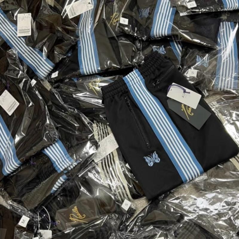 Men's Pants 23ss Needles AWGE Jackets Blue Butterfly Embroidery Stripes Black Sweatpants Tracksuit For Men Women