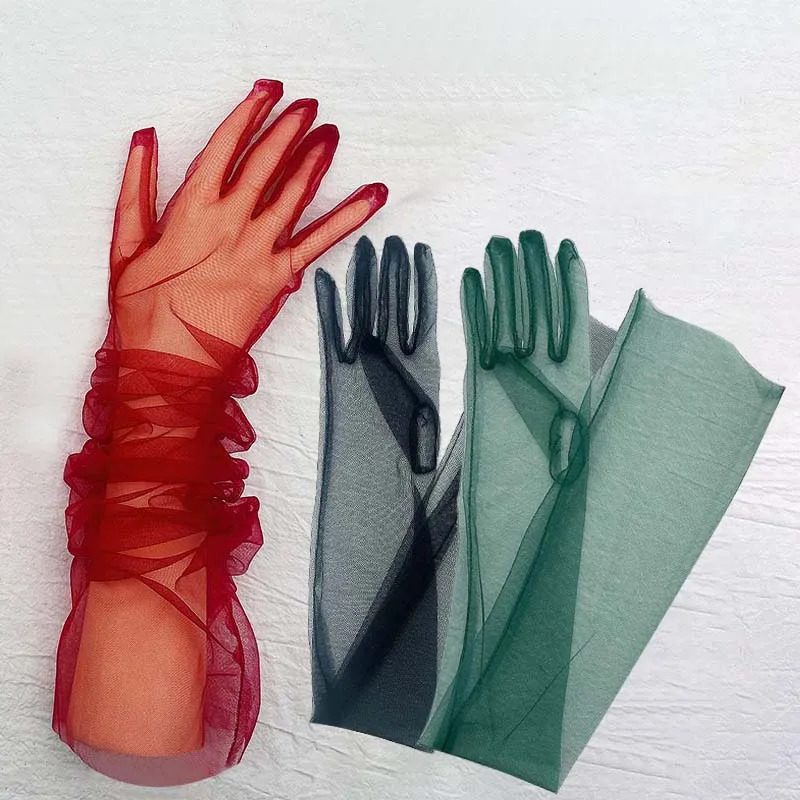 Five Fingers Gloves Transparent Sunscreen Glove Retro Mitten Touch Screen Women Ultra Thin Tulle Elbow Long Wedding Bride Dress 231130