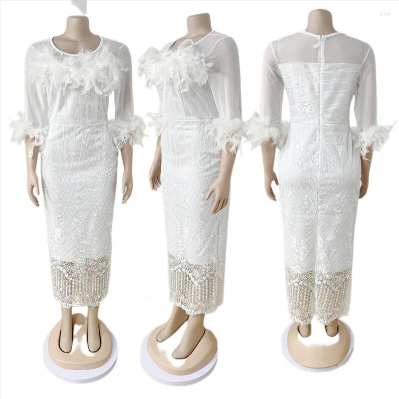 Casual Dresses African Ladies Luxury White For Women Round Neck Full Sleeve Sequined Feather Bodycon Mid Calf Elegant Birthday Dress