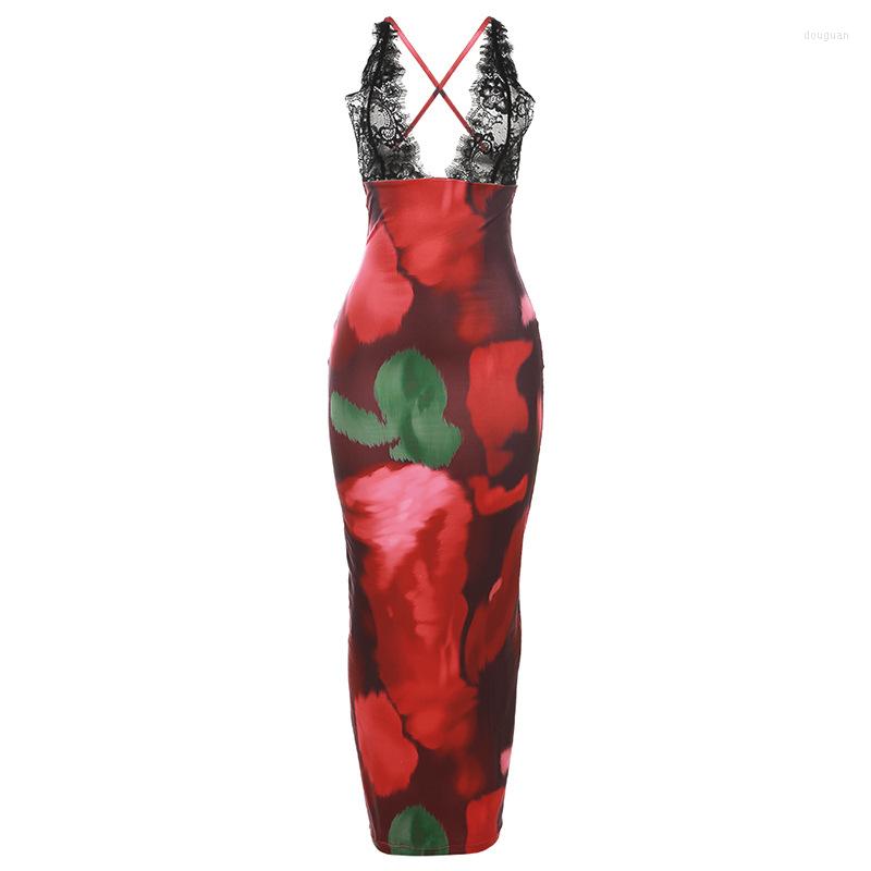 Casual Dresses Elegant Print Sleeveless Lace Maxi Dress For Women 2023 Summer Holiday Beach Sexy Backless Long Vestido Clothes