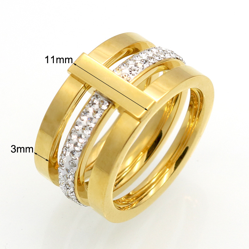 Classic Design 3 Layered Cubic Zirconia Stainless Steel Ring Statement Wedding Jewelry