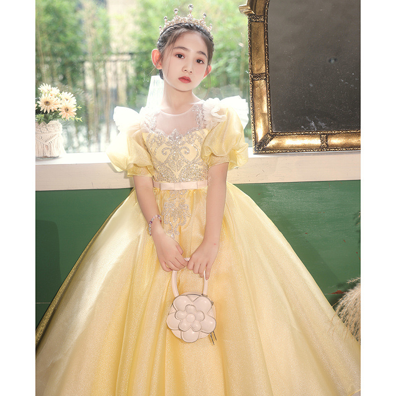 yellow sequined Flower Girls Dresses For Weddings Ruffles Lace Tulle Pearls Backless Princess Children Wed Birthday for Kid Child prom Ball Gown Even 