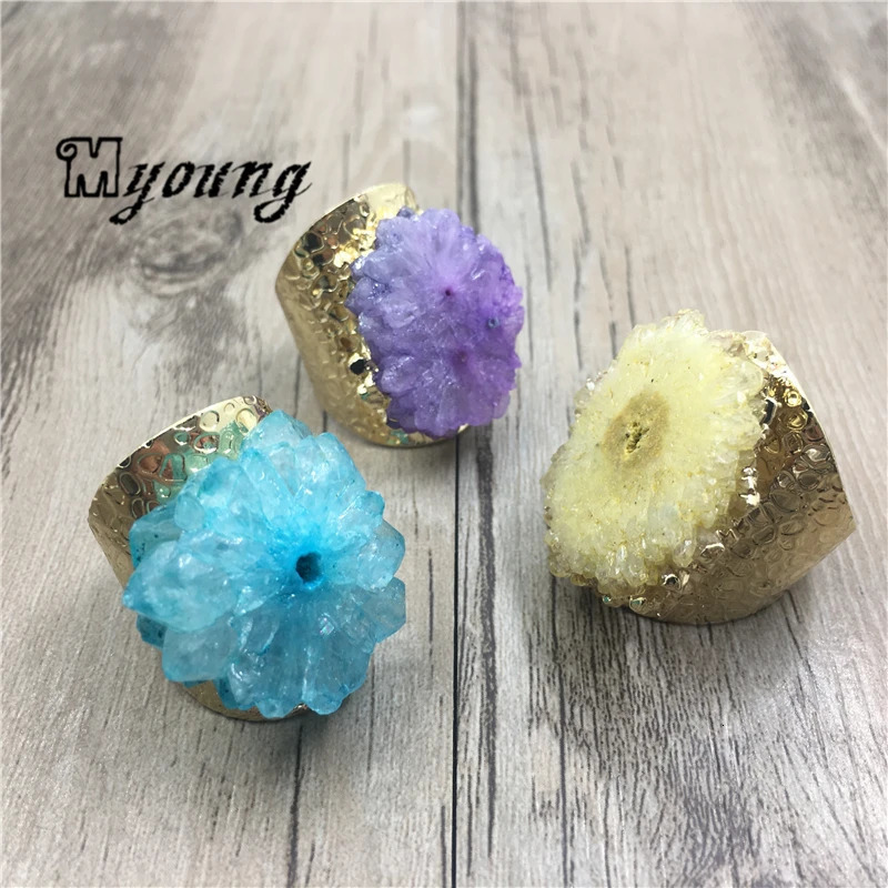 Wedding Rings Natural Sun Flower Shape Crystal Quartz Druzy With Golden Settings for Women MY1182 231130