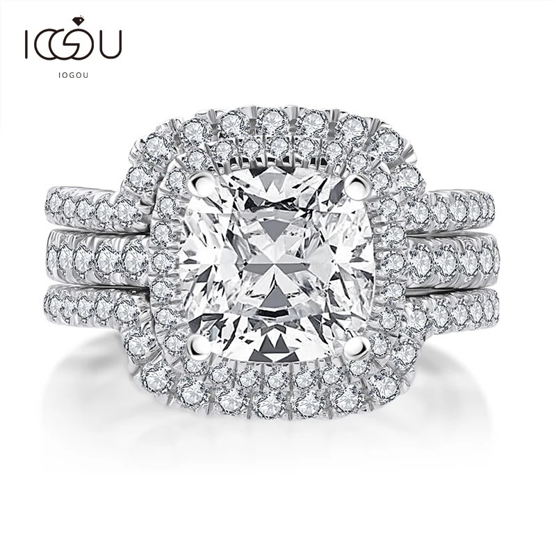 Wedding Rings IOGOU 3In1 3 0ct Cushion Bridal Ring Set For Women 925 Silver Fashion Engagement Sona Simulated Diamond 231130
