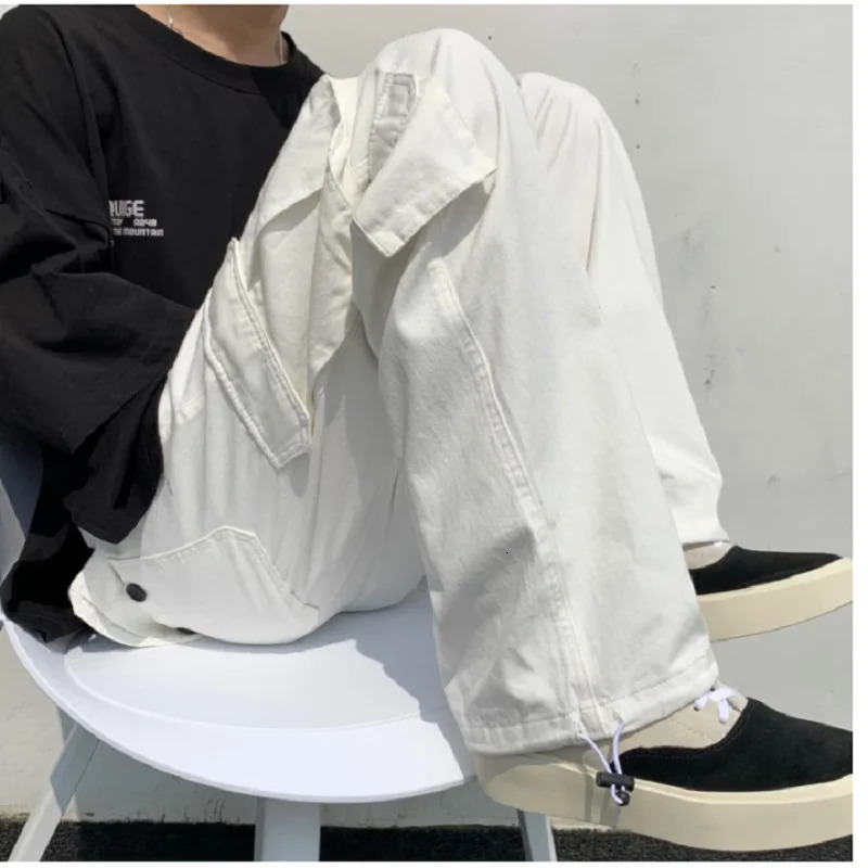Men's Black & White Wide Leg Cargo Pants - Loose Fit, Cotton Blend, Casual Streetwear