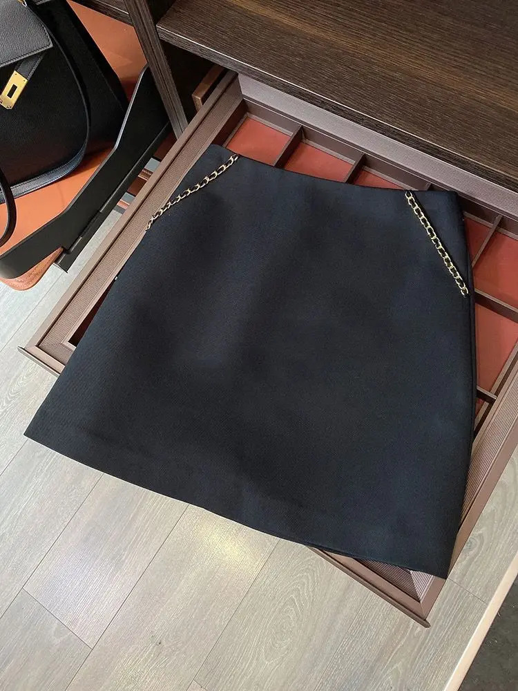 Skirts autumn Korean style Chain decoration women Tweed Skirts High waist slim A-line skirts Fahion Wrap mini skirt 231129