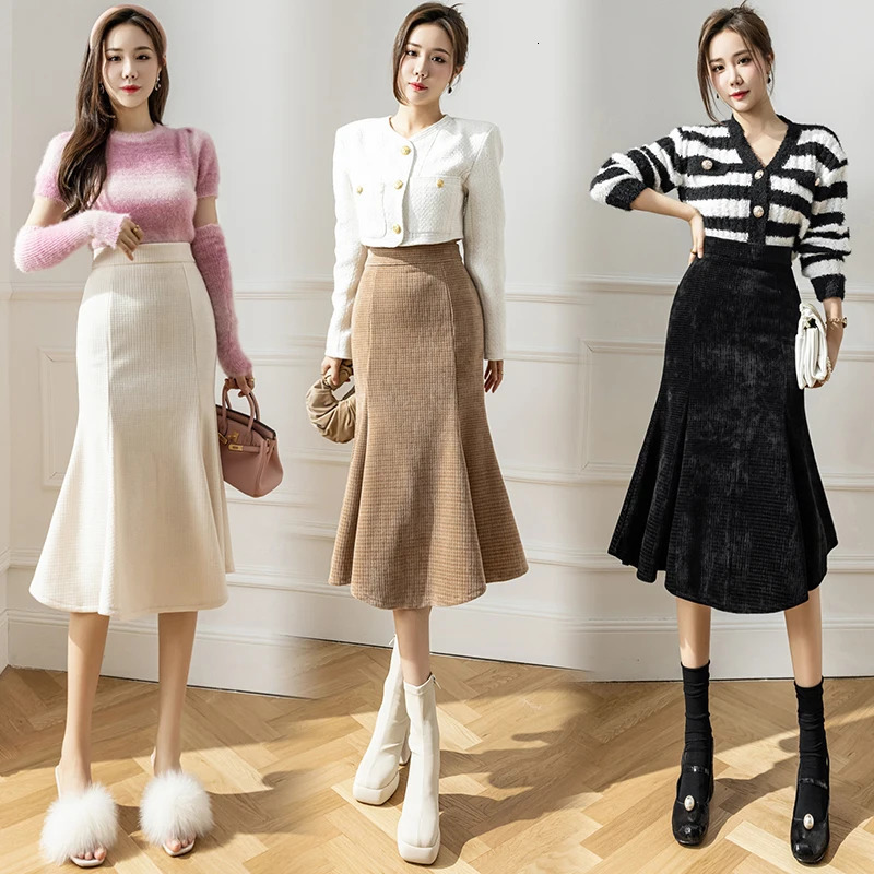 Skirts Fashion Streetwear Winter Midi Skirt Women Elegant High Waist Tweed Chenille Fishtail Bodycon Skirts Korean Wrap Pencil Faldas 231129
