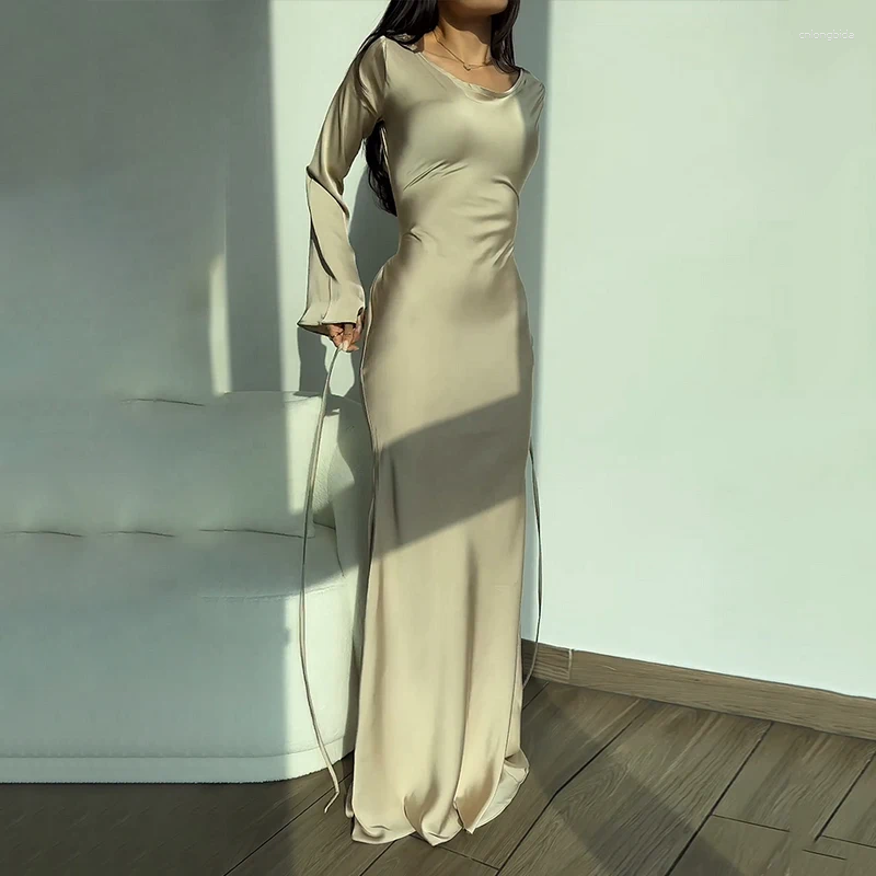 Casual Dresses Ellafads Women Long Dress Autumn Fashion Simple Round Neck Satin Flare Sleeve Lace Up Slim Evening Party Streetwear