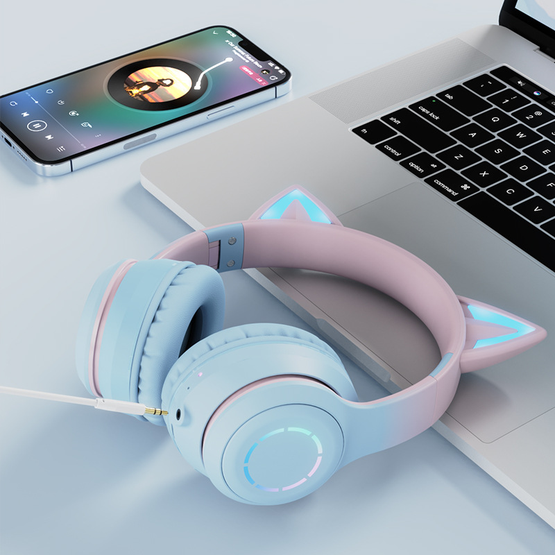 Headphones Gradient pink cat ear Headphones with microphone for kawaii girl kids phone mp3 Hi-Fi stereo music glowing wireless Earphones