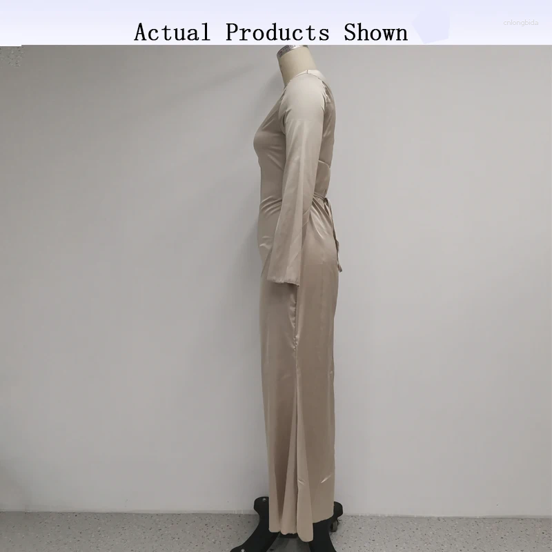 Casual Dresses Ellafads Women Long Dress Autumn Fashion Simple Round Neck Satin Flare Sleeve Lace Up Slim Evening Party Streetwear