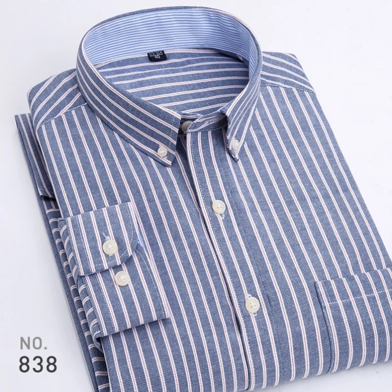 Men's Casual Shirts High Quality Mens Cotton Oxford Striped Single Patch Pocket Long Sleeve Regular-fit Comfortable Casual Button-collar Shirt 23