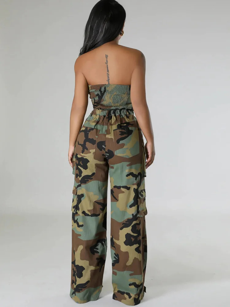 Women's Two Piece Pants Bonnie Forest Chic Off Shoulder Crop Top And Camouflage Print Cargo Pants Set Women Tracksuits Night Club Outfits Clubwea